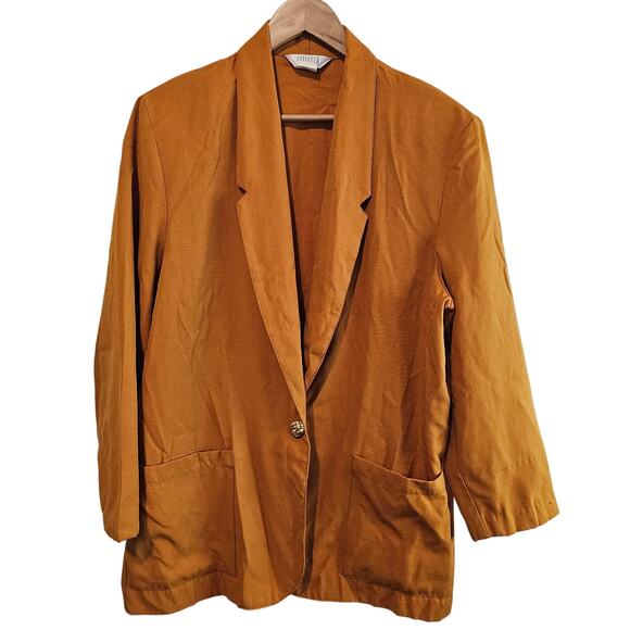 Vintage Blazer Women Size 18 Brown 90s Fitted Glam Rock Preppy Going Out Neutral - Picture 1 of 10